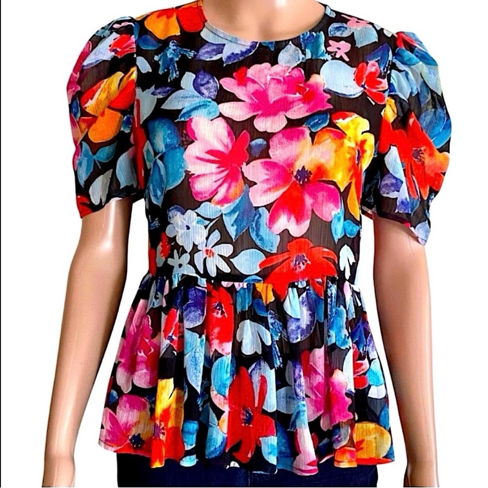 Forever 21 Floral Puff Sleeve Peplum Blouse, Sz.M